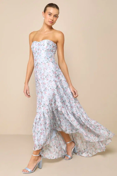 Lulus Gorgeous Desire Light Blue Floral Strapless High-low Maxi Dress In Light Blue
