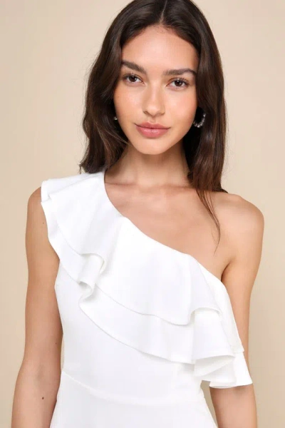 Lulus Enticing Behavior White Ruffled One-shoulder Mini Dress In White