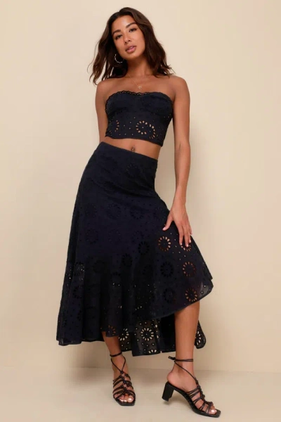 Shop Lulus Flirty Praise Black Eyelet Asymmetrical Tiered Midi Skirt