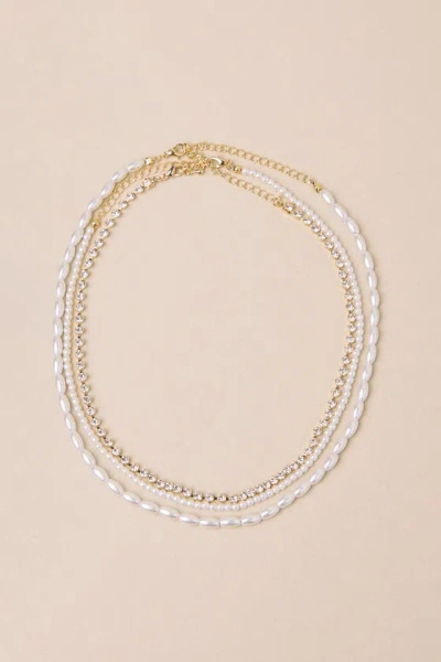 Shop Lulus Irresistible Dazzle Gold Rhinestone Pearl Necklace Set