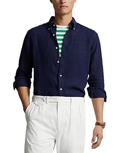 Shop Polo Ralph Lauren Linen Garment Dyed Custom Fit Button Down Shirt In Navy