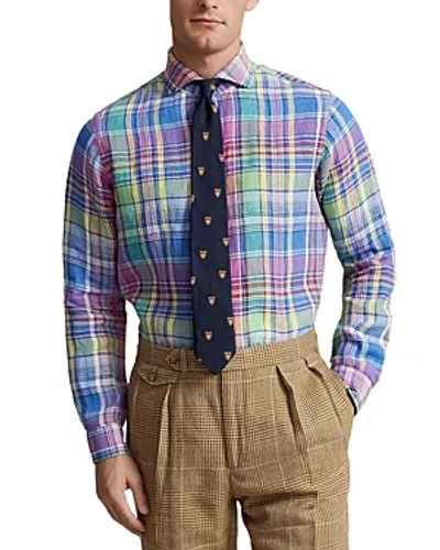 Shop Polo Ralph Lauren Linen Plaid Custom Fit Buton Down Shirt In Pink/blue