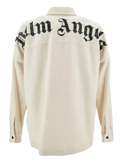 Shop Palm Angels Black And White Overshirt With Check And Logo Print In Cotton Man
