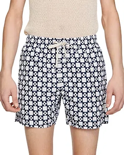 Shop Sandro Cross Print Drawstring Swim Shorts In Ecru  Navy