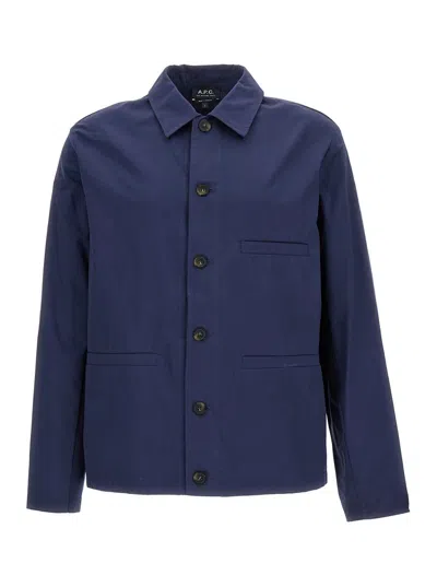 Shop Apc Dark Blue Jacket-shirt With Front Pocket In Cotton Man