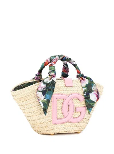 Shop Dolce & Gabbana Pink And Natural Raffia Kendra Small Shopping Bag In Peonie