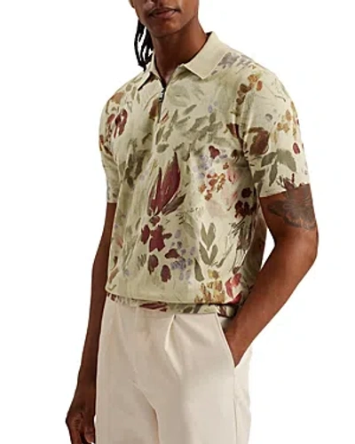 Shop Ted Baker Printed Short Sleeve Zip Polo Shirt In Multicol
