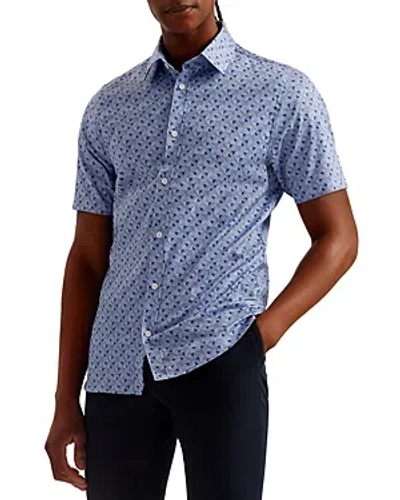 Shop Ted Baker Printed Button Front Short Sleeve Shirt In Blue