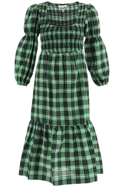 Shop Ganni Green Checked Seersucker Dress