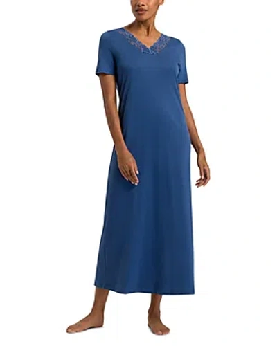 Shop Hanro Moments Short Sleeve Long Gown In True Navy