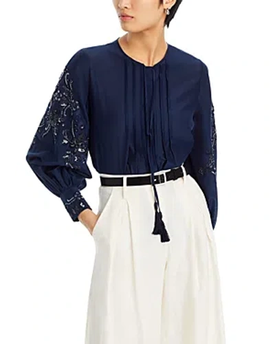 Shop Kobi Halperin Acacia Pleated Embroidered Top In Navy