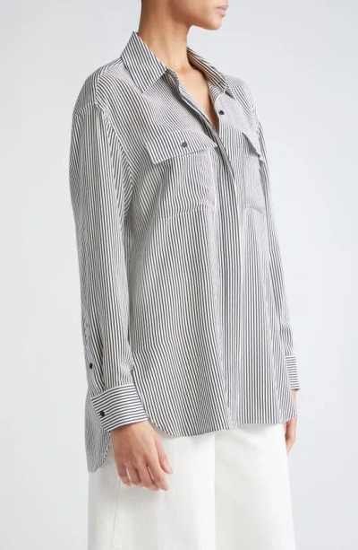 Shop Nili Lotan Ellias Stripe Silk Shirt In White/ Black Stripe