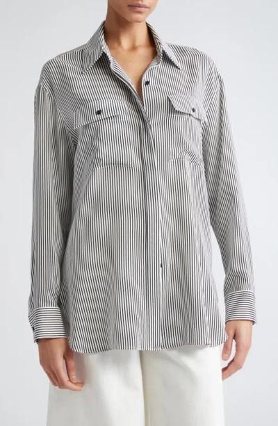 Shop Nili Lotan Ellias Stripe Silk Shirt In White/ Black Stripe