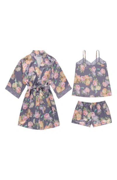 Shop Flora Nikrooz Sabrina Floral Print Satin Short Pajamas & Robe Set In Grey