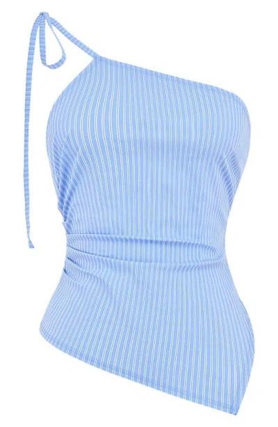 Mistress Rocks Stripe One-shoulder Asymmetric Top In Blue
