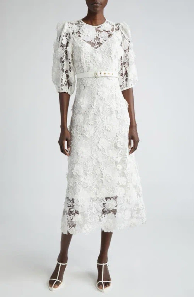 Shop Zimmermann Halliday Floral Belted Lace Midi Dress In Ivory