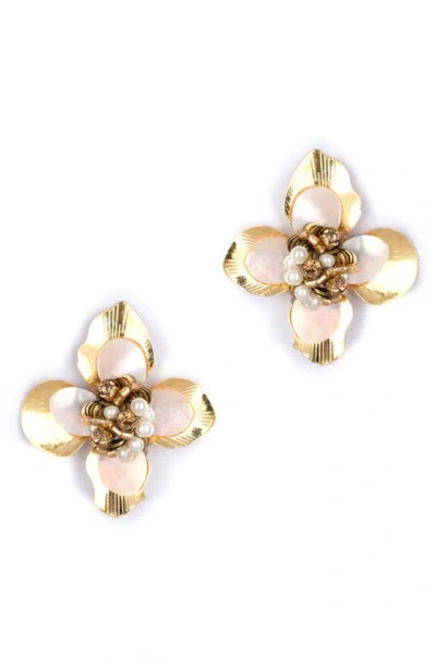 Shop Deepa Gurnani Azura Imitation Pearl Beaded Floral Stud Earrings In Gold