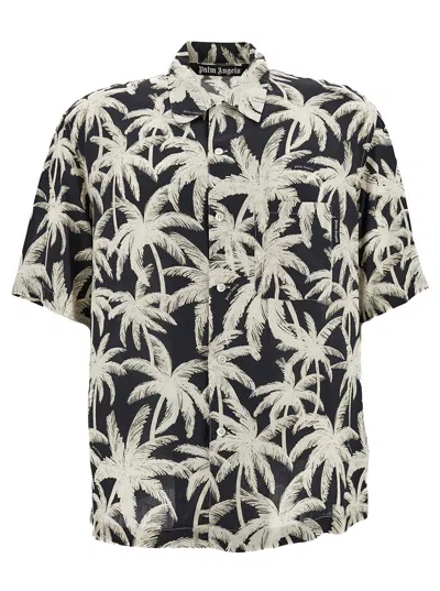 Shop Palm Angels Black And White Short Sleeve Shirt With All-over Palm Print In Viscose Man