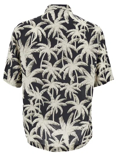 Shop Palm Angels Black And White Short Sleeve Shirt With All-over Palm Print In Viscose Man