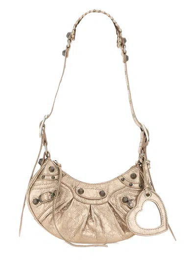 Balenciaga Green Leather Shoulder Handbag With Magnetic Closure And Metal Details In Beige