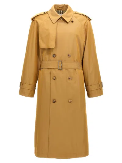Shop Burberry Double-breasted Long Trench Coat In Beige