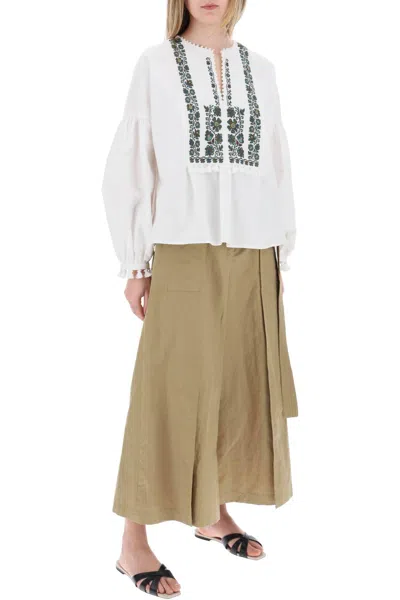 Shop Weekend Max Mara Cotton And Linen Blouse With Embroidery In White