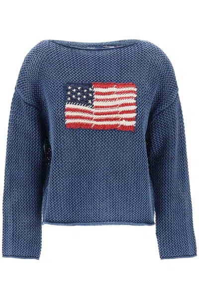 Shop Polo Ralph Lauren "pointelle Knit Pullover With Embroidered Flag In Blue