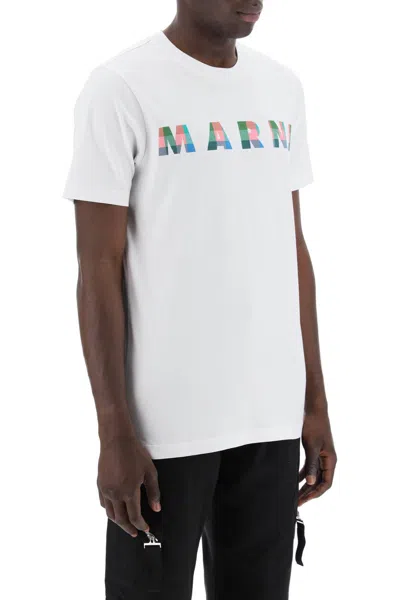Shop Marni "checked Logo T-shirt With Square In White