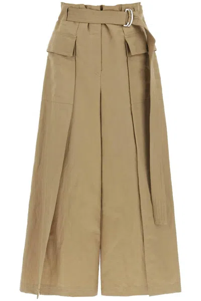 Shop Weekend Max Mara Flared Linen And Cotton Trousers In Khaki