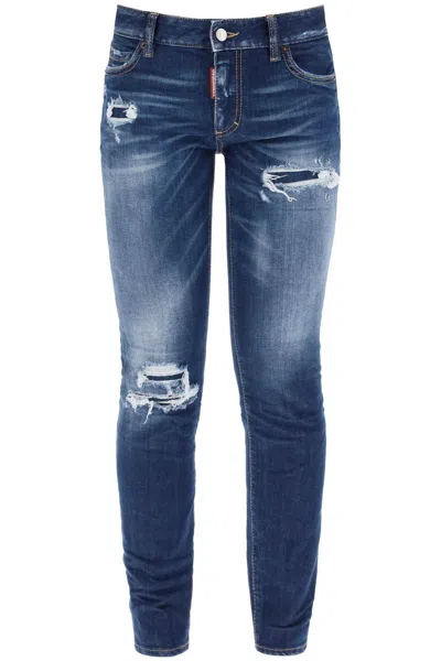 Shop Dsquared2 "jennifer Medium Waist Ripped Knee Wash Jeans In Blue