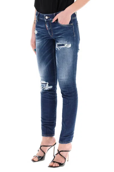 Shop Dsquared2 "jennifer Medium Waist Ripped Knee Wash Jeans In Blue