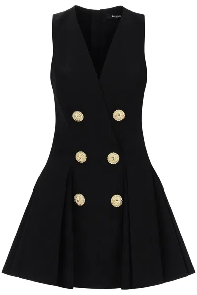 Shop Balmain Mini Dress With Pleats In Crê In Black