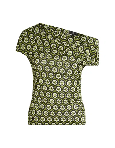 Shop Etro Green Printed Top With Asymmetrical Neckline