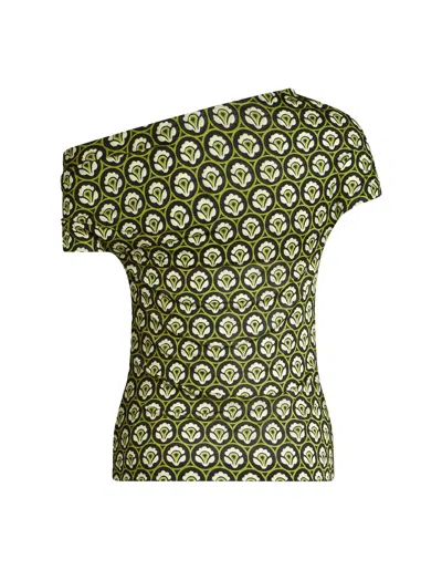 Shop Etro Green Printed Top With Asymmetrical Neckline