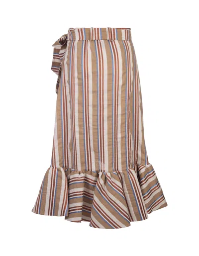 Shop Stella Jean Striped Midi Skirt With Ruffle In Brown