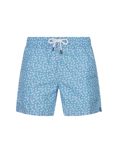Shop Fedeli Sky Blue Swim Shorts With Micro Daisy Pattern
