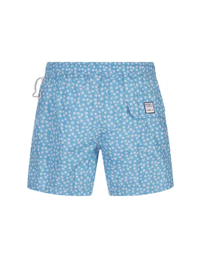 Shop Fedeli Sky Blue Swim Shorts With Micro Daisy Pattern