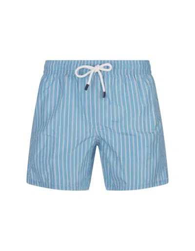 Shop Fedeli Light Blue Striped Swim Shorts