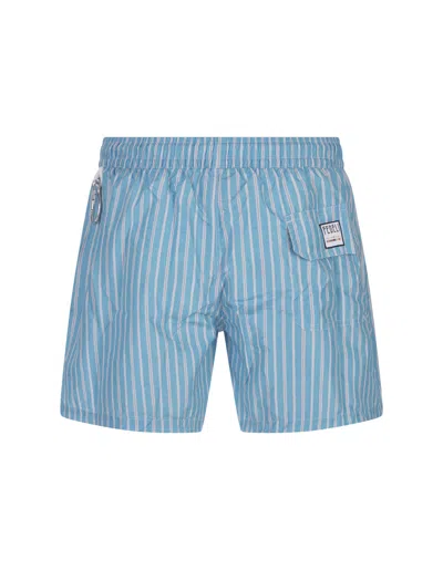 Shop Fedeli Light Blue Striped Swim Shorts