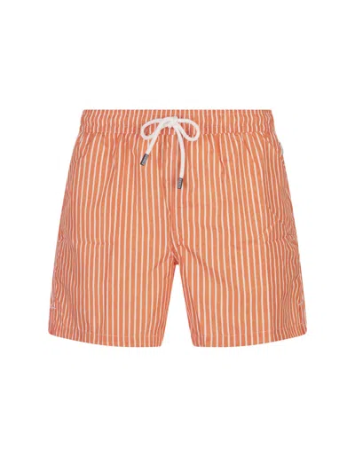 Shop Fedeli Orange And White Striped Swim Shorts