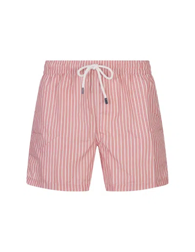 Shop Fedeli Pink And White Striped Swim Shorts