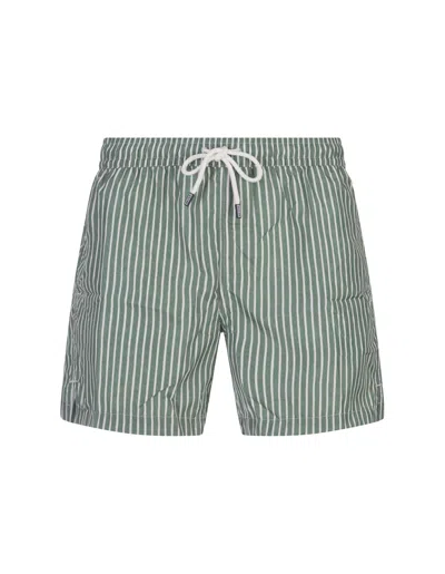 Shop Fedeli Green And White Striped Swim Shorts