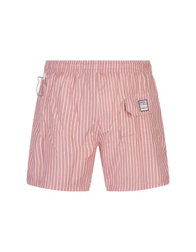 Shop Fedeli Pink And White Striped Swim Shorts