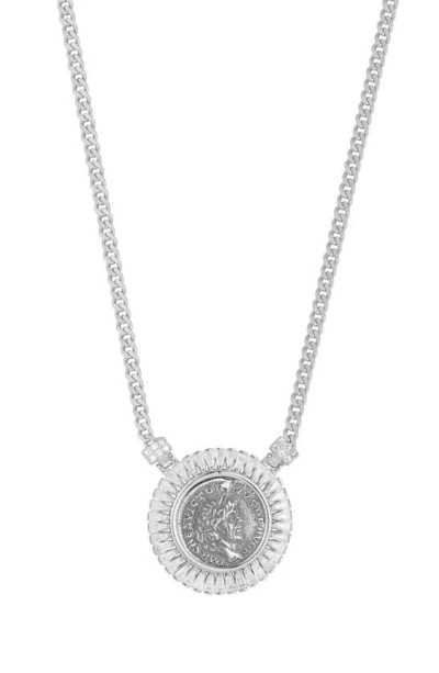 Shop Chloe & Madison Cz Coin Embossed Pendant Necklace In Silver