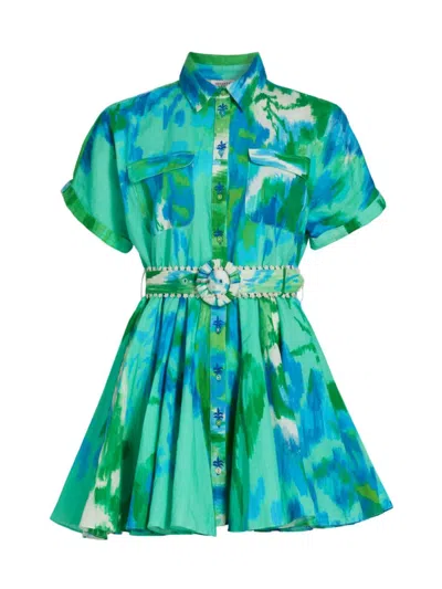 Shop Hemant & Nandita Women's Abstract Linen & Cotton Belted Minidress In Blue Green