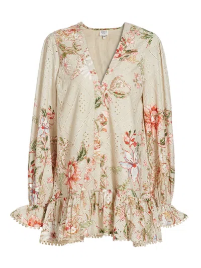 Shop Hemant & Nandita Women's Floral Broderie Anglaise Cotton Minidress In Beige