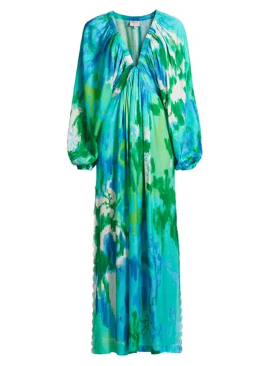 Shop Hemant & Nandita Women's Tie-dye Satin Caftan In Blue Green