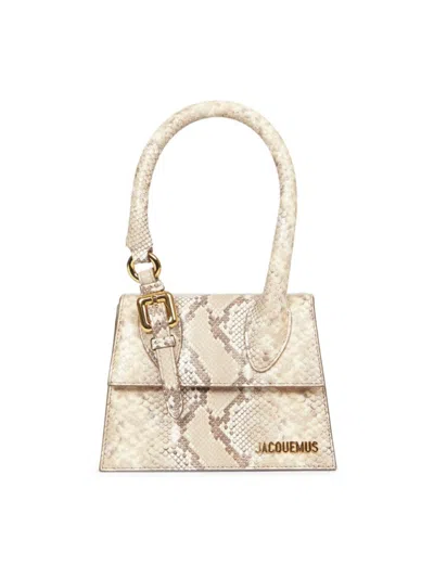 Shop Jacquemus Women's Le Chiquito Moyen Snake-embossed Leather Top-handle Bag In Beige