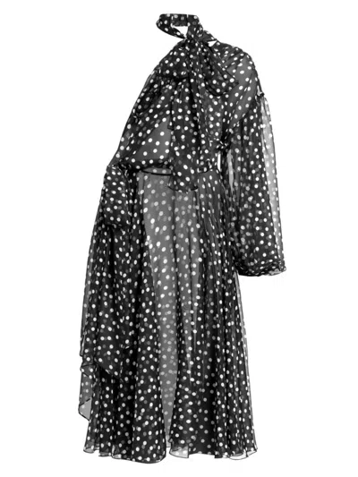 Shop Dolce & Gabbana Women's Sheer Polka Dot Chiffon Silk One-shoulder Midi Dress In Nero Bianco