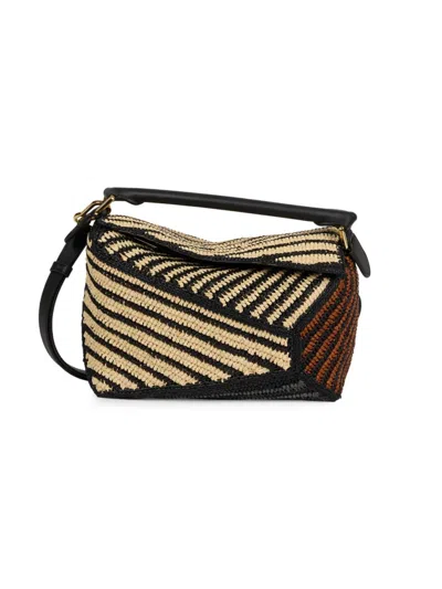 Shop Loewe Women's  X Paula's Ibiza Puzzle Edge Small Striped Raffia Bag In Natural Honey Gold